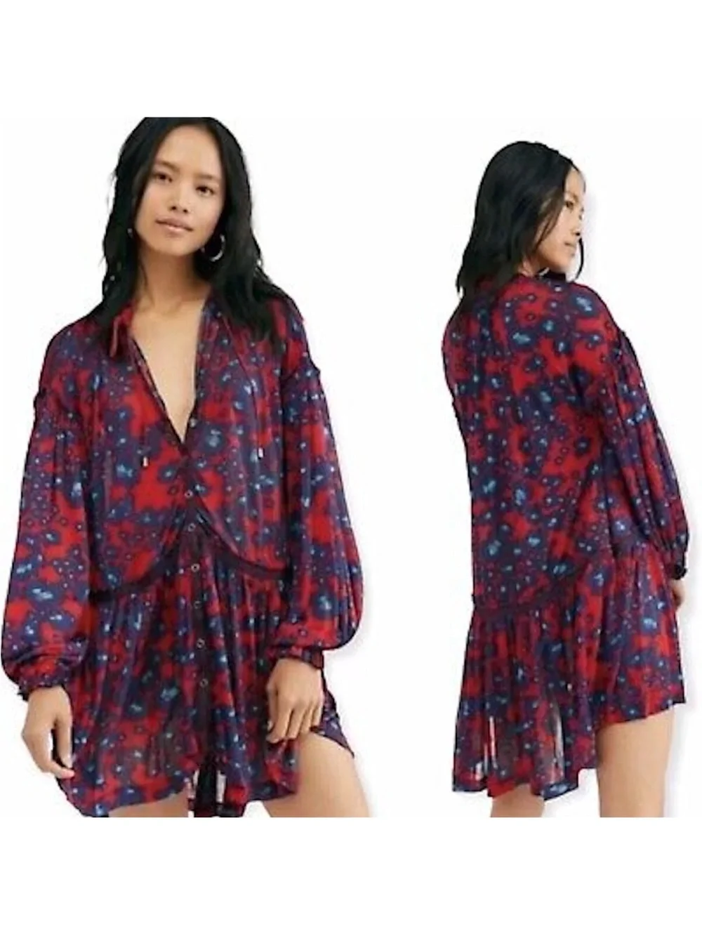 Free People Love Letter Tunic Top Mini Dress Merlot Combo Floral Red Blue